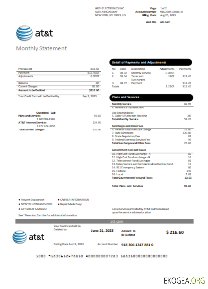 Facture commerciale des services publics de télécommunications Texas AT&T, page 1, SCR